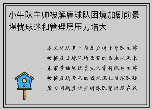 小牛队主帅被解雇球队困境加剧前景堪忧球迷和管理层压力增大