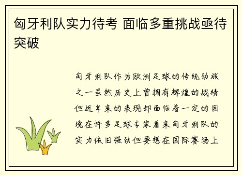 匈牙利队实力待考 面临多重挑战亟待突破