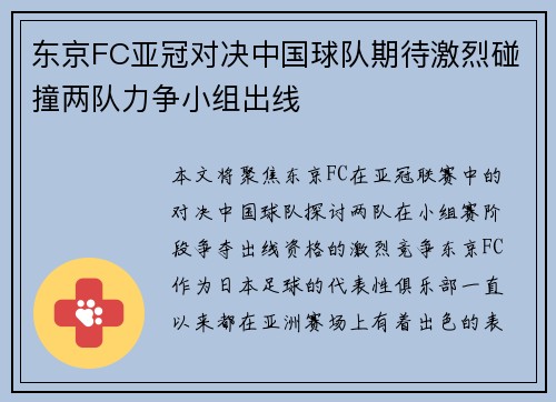 东京FC亚冠对决中国球队期待激烈碰撞两队力争小组出线